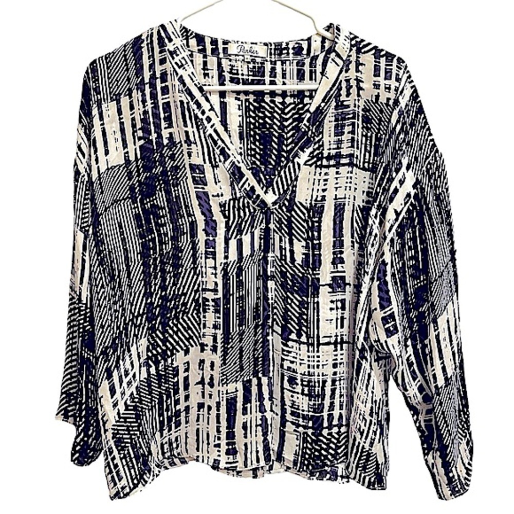 Parker Blue Black Ivory Print Silk Popover V Neck Blouse 3/4 Sleeves Boxy Sz XS